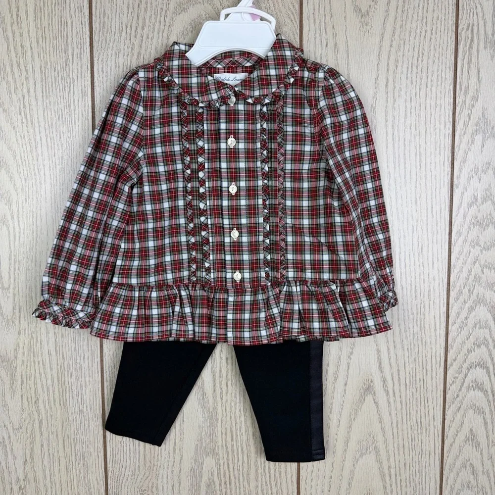 Polo Ralph Lauren Baby Girls Plaid Poplin Shirt & Jersey Legging Set 9M Red $75